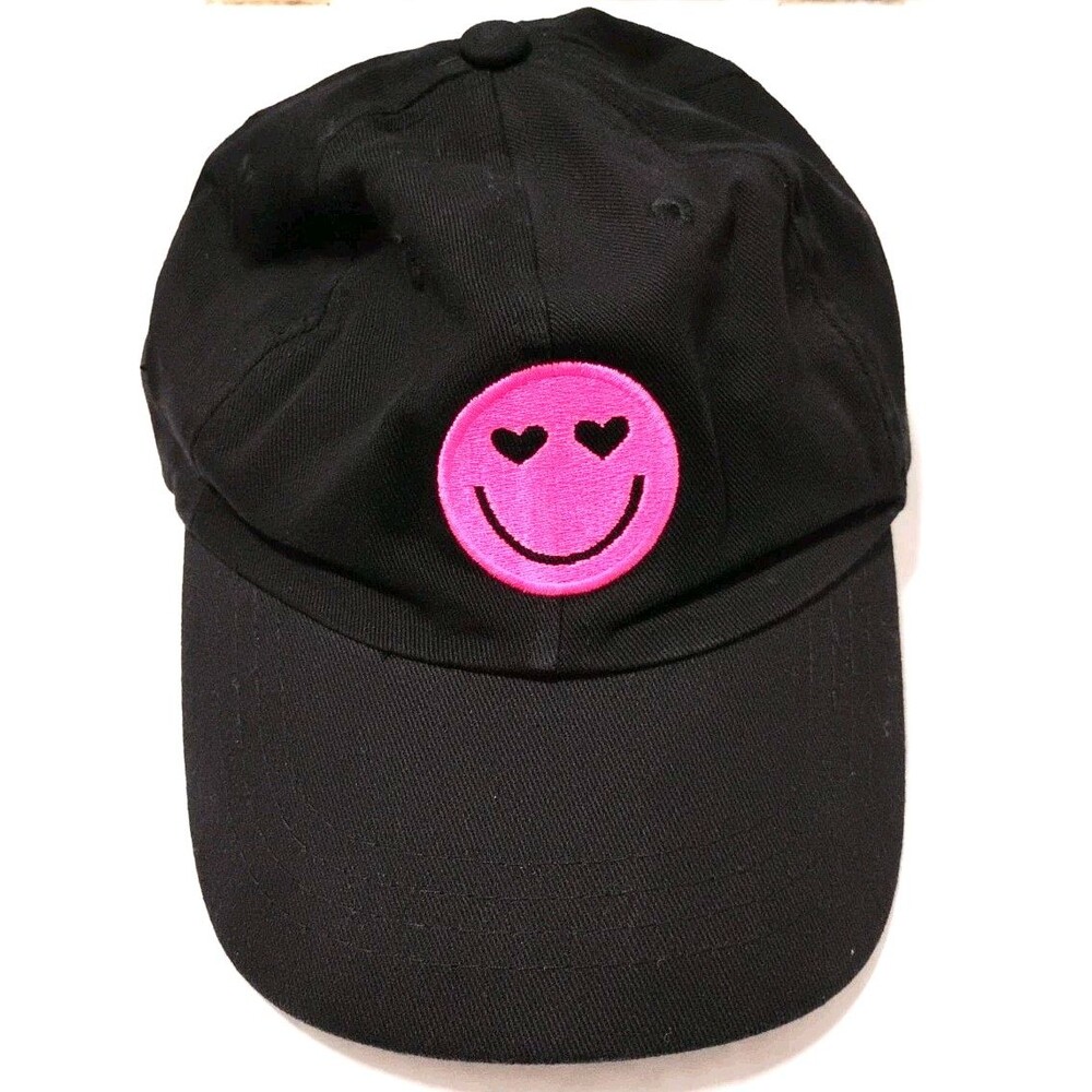 Black Smiley Face Hat Pink Hearts Baseball Cap Adjustable Unisex